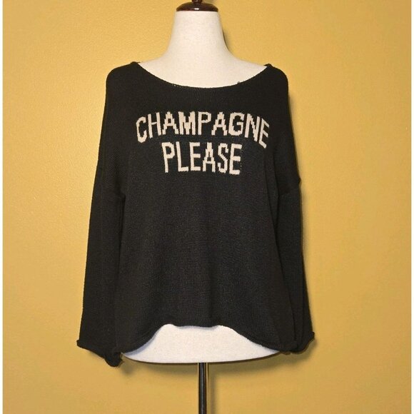 KLd Champagne Please Knit Sweater Classic Black Large Rolled Hem Sleeve Slit Hem - Picture 1 of 9